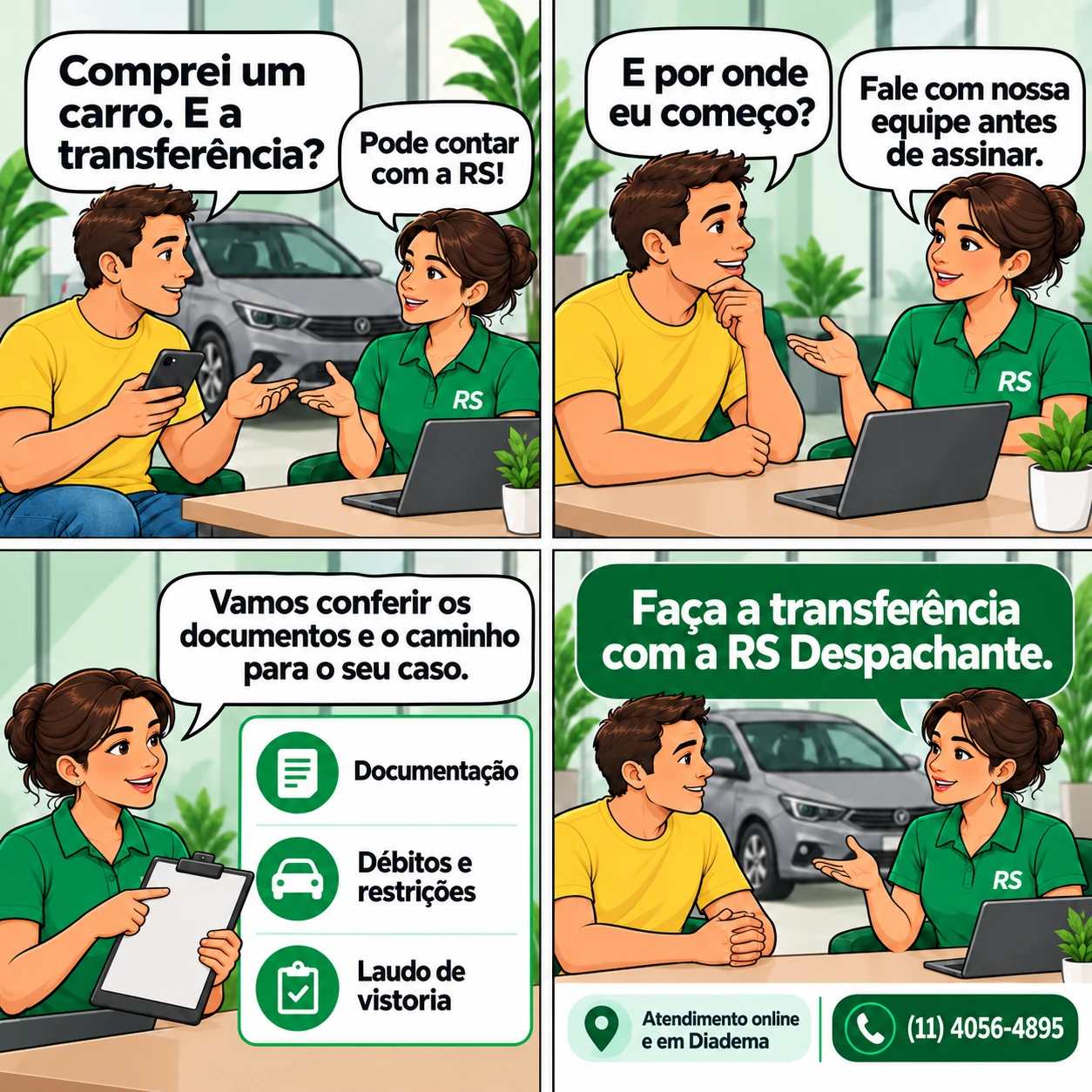 Tirinha em quatro quadros: cliente pergunta sobre a transferência do carro; a atendente orienta falar com a RS antes de assinar e conferir documentação, débitos e restrições e laudo de vistoria. Ao final, convida a fazer a transferência com a RS Despachante, com atendimento online e em Diadema, pelo telefone (11) 4056-4895.